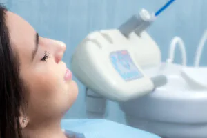 female patient, calm and relaxed in a dental chair